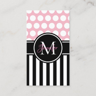 Zwart Wit Streep Stippen Licht Roze Monogram Visitekaartje