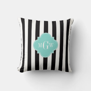 Zwart Wit Streep Turquoise Vierblad 3 Monogram Kussen