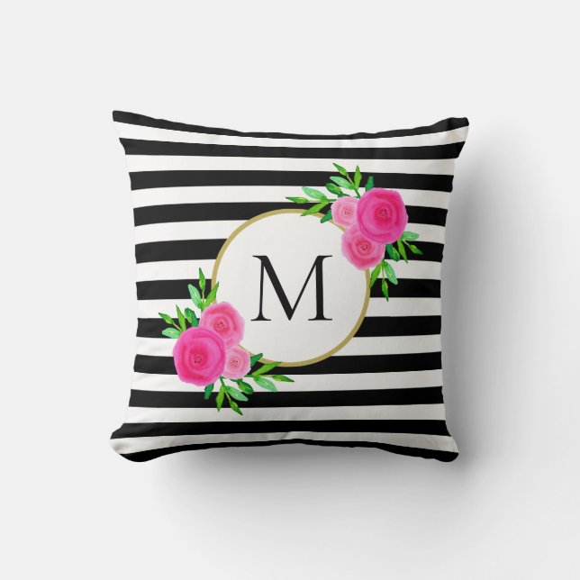 Zwart Wit Streep Waterverf Roze Bloemen Monogram Kussen (Voorkant)