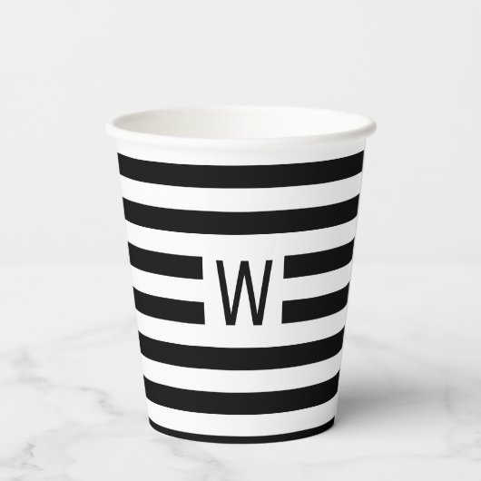 Zwart-wit Strepen Eenvoudig Monogram Papieren Bekers (Achterkant)