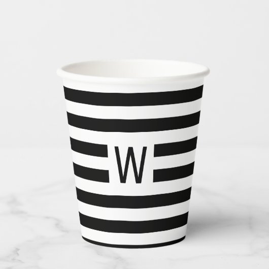 Zwart-wit Strepen Eenvoudig Monogram Papieren Bekers (Voorkant)