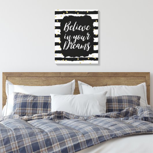 Zwart Wit Strepen Goud Sparkly Confetti Dromen Canvas Afdruk (Insitu (Slaapkamer))
