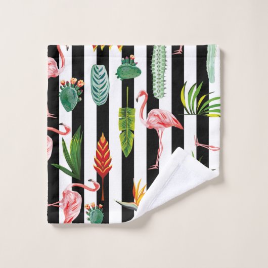 Zwart Wit Strepen met Flamingo Cactus Bad Handdoek (Wasdoekje)