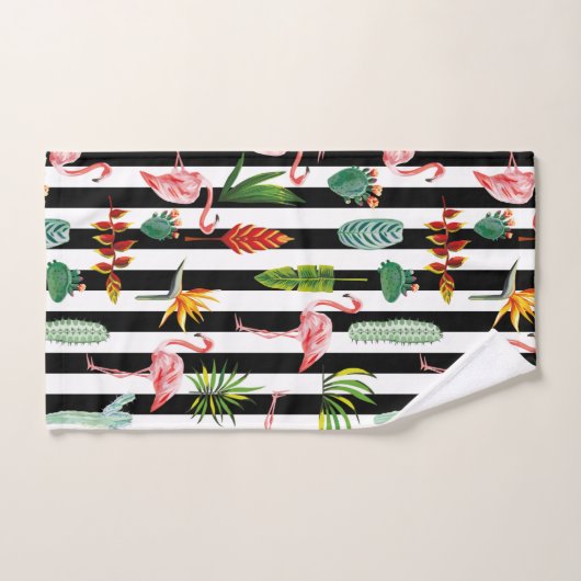 Zwart Wit Strepen met Flamingo Cactus Bad Handdoek (Handdoek)