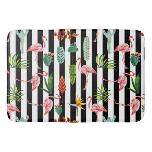 Zwart Wit Strepen met Flamingo Cactus Badmat