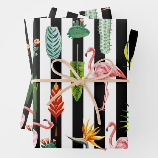 Zwart Wit Strepen met Flamingo Cactus Inpakpapier Vel (In situ)