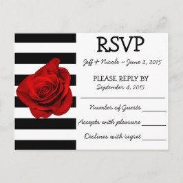 Zwart & Wit Strepen met Rode Rose Bruiloft RSVP Uitnodiging Briefkaart