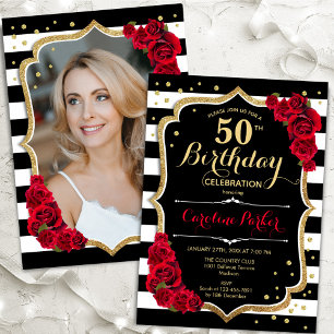 Zwart wit strepen rode rozen foto 50e verjaardag kaart