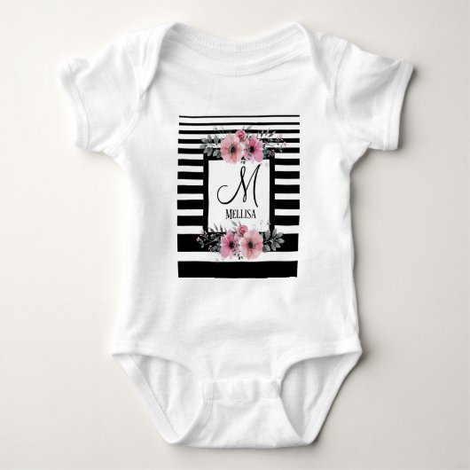 Zwart & Wit Strepen Roze Bloem Monogram Romper (Voorkant)
