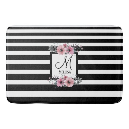 Zwart & Wit Strepen Roze Bloemen Monogram Badmat (Voorkant)