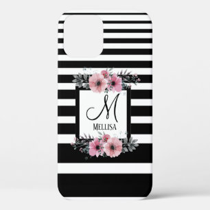 Zwart & Wit Strepen Roze Bloemen Monogram iPhone 12 Hoesje
