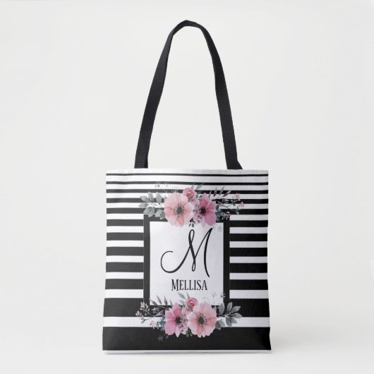 Zwart & Wit Strepen Roze Bloemen Monogram Draagtas (Voorkant)