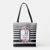 Zwart & Wit Strepen Roze Bloemen Monogram Draagtas (Achterkant)