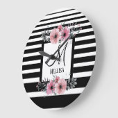 Zwart & Wit Strepen Roze Bloemen Monogram Grote Klok (Hoek)