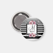 Zwart & Wit Strepen Roze Bloemen Monogram Magneet (Voorkant / Achterkant)