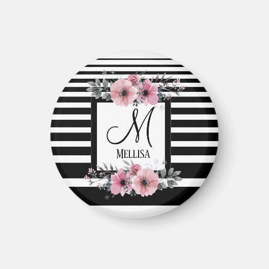 Zwart & Wit Strepen Roze Bloemen Monogram Magneet (Voorkant)