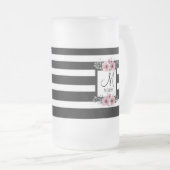 Zwart & Wit Strepen Roze Bloemen Monogram Matglas Bierpul (Voorkant rechts)