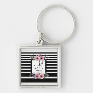 Zwart & Wit Strepen Roze Bloemen Monogram Sleutelhanger