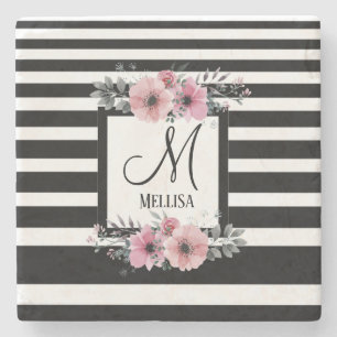 Zwart & Wit Strepen Roze Bloemen Monogram Stenen Onderzetter