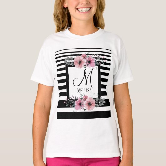 Zwart & Wit Strepen Roze Bloemen Monogram T-shirt (Voorkant)