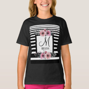 Zwart & Wit Strepen Roze Bloemen Monogram T-shirt