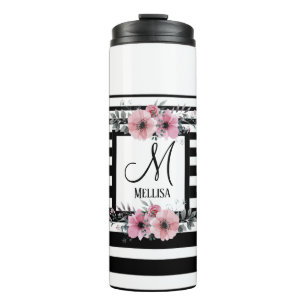 Zwart & Wit Strepen Roze Bloemen Monogram Thermosbeker
