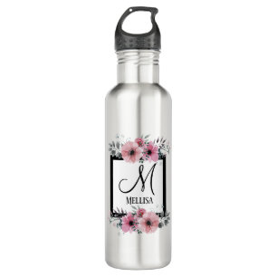 Zwart & Wit Strepen Roze Bloemen Monogram Waterfles
