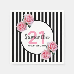 Zwart wit strepen roze bloemstukken 21e verjaardag servet