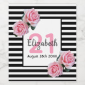 Zwart wit strepen roze bloemstukken 21e verjaardag wijn etiket (Enkel label)