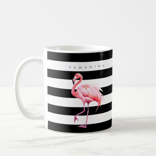 Zwart & Wit Strepen Roze Flamingo Aangepaste naam Koffiemok (Links)