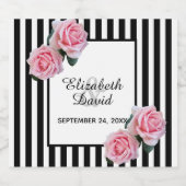 Zwart wit strepen roze roos bruiloft sparkling wijnetiket (Enkel label)