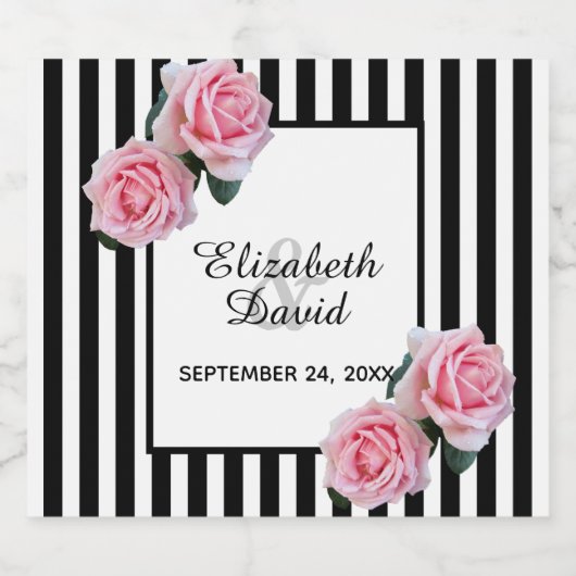 Zwart wit strepen roze roos bruiloft sparkling wijnetiket (Enkel label)