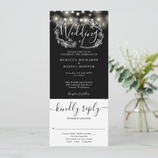 Zwart-wit string lichten allemaal in één bruiloft kaart (Staand voorkant)