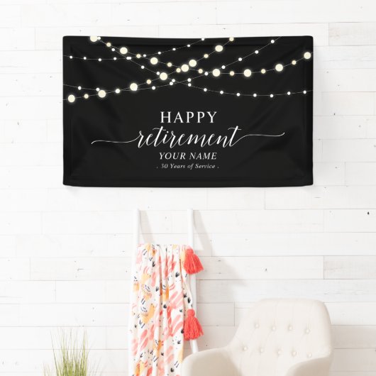 Zwart & Wit String Lights Happy Retirement Party Spandoek (Insitu)