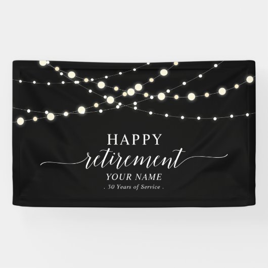 Zwart & Wit String Lights Happy Retirement Party Spandoek (Horizontaal)