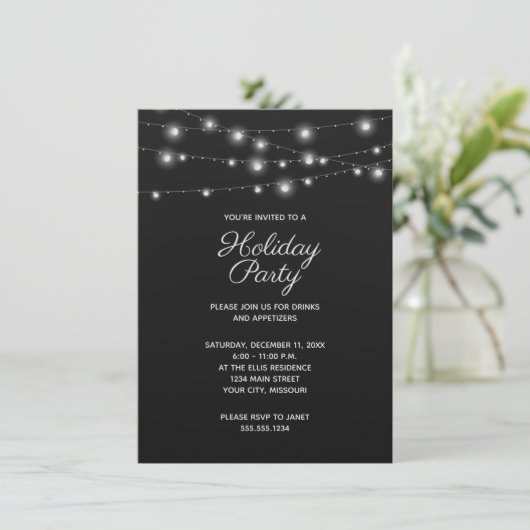 Zwart-wit String Lights Kerstfeest Kaart (Staand voorkant)