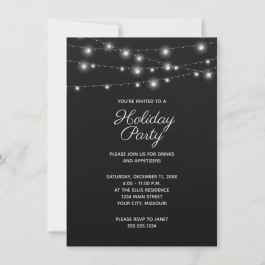 Zwart-wit String Lights Kerstfeest Kaart (Voorkant)