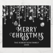 Zwart-wit String Lights Kerstfeest Sparkling Wijnetiket (Enkel label)