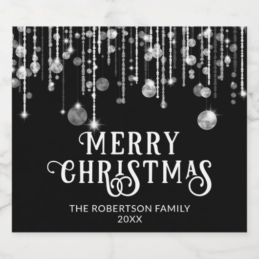 Zwart-wit String Lights Kerstfeest Sparkling Wijnetiket (Enkel label)