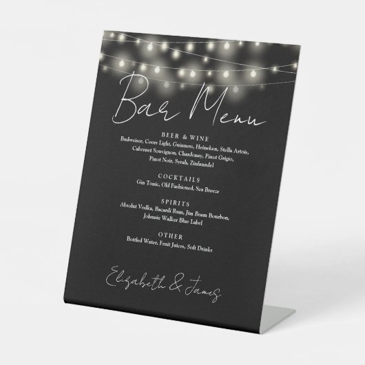 Zwart-wit String Lights Script Bar Menu Reclamebord Met Voetstuk (Voorkant)