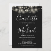 Zwart Wit String Lights Script Foto Bruiloft Kaart (Voorkant)