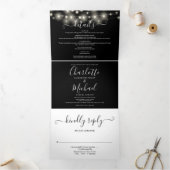 Zwart Wit String Lights Script Monogram Bruiloft Drieluik Uitnodiging (Binnen)