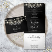 Zwart Wit String Lights Script Monogram Bruiloft Drieluik Uitnodiging