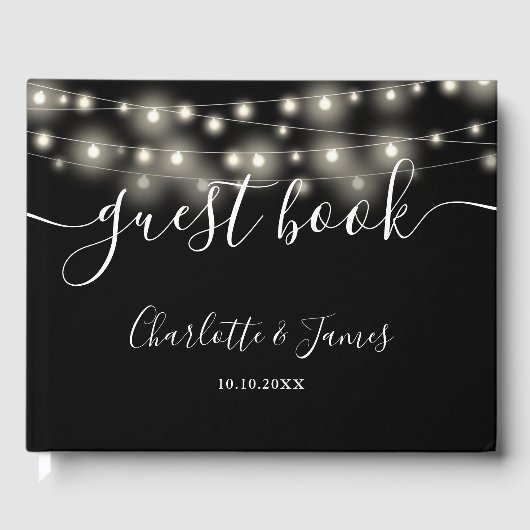 Zwart Wit String Lights Signature Script Bruiloft Gastenboek (Voorkant)
