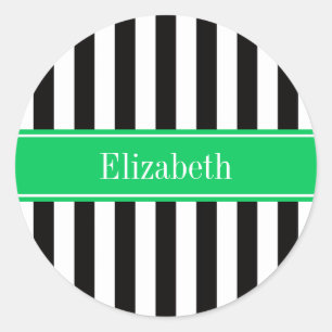 Zwart wit Stripe Emerald Ribbon Naam Monogram Ronde Sticker