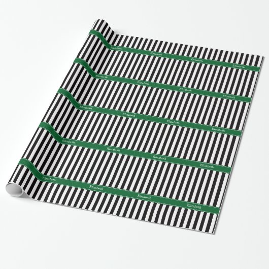 Zwart wit Stripe Forest Ribbon Name Monogram Cadeaupapier (Uitgerold)