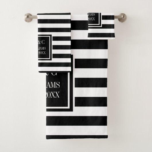 Zwart wit Stripe gepersonaliseerd monogram Bad Handdoek (Insitu)