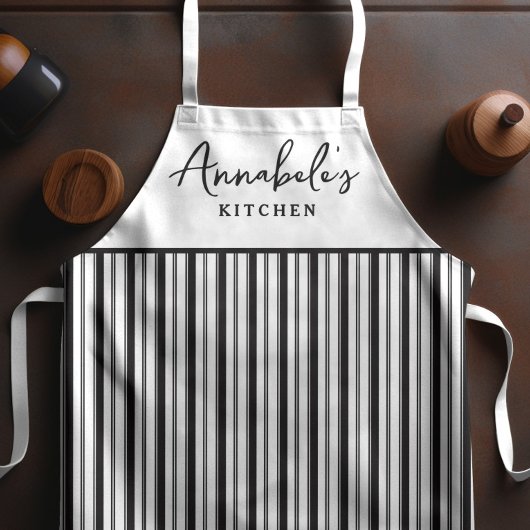 Zwart-wit Stripe Modern Script Gepersonaliseerd Schort