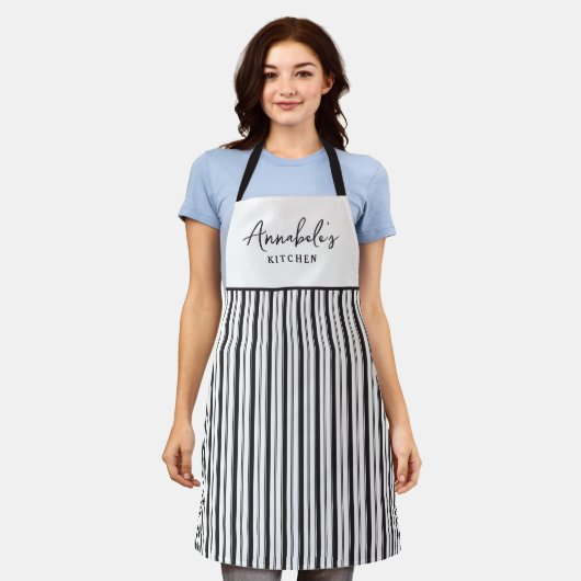 Zwart-wit Stripe Modern Script Gepersonaliseerd Schort (Gedragen)