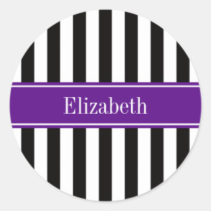 Zwart wit Stripe Paarse Ribbon Naam Monogram Ronde Sticker
